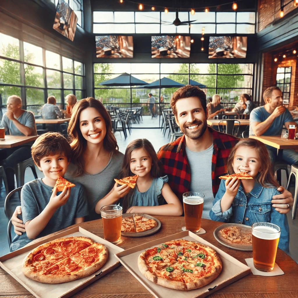 DALL·E 2025-03-21 11.15.50 – A family of four enjoying pizza at a cozy, modern restaurant in a suburban setting. The restaurant features warm lighting, wooden tables, big screen T