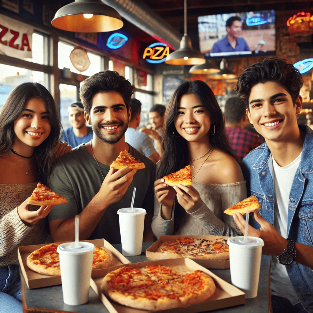 DALL·E 2025-03-21 11.20.09 – A small group of young Hispanic friends in their 20s enjoying pizza together at a casual, urban-style restaurant in Southern California. The group inc